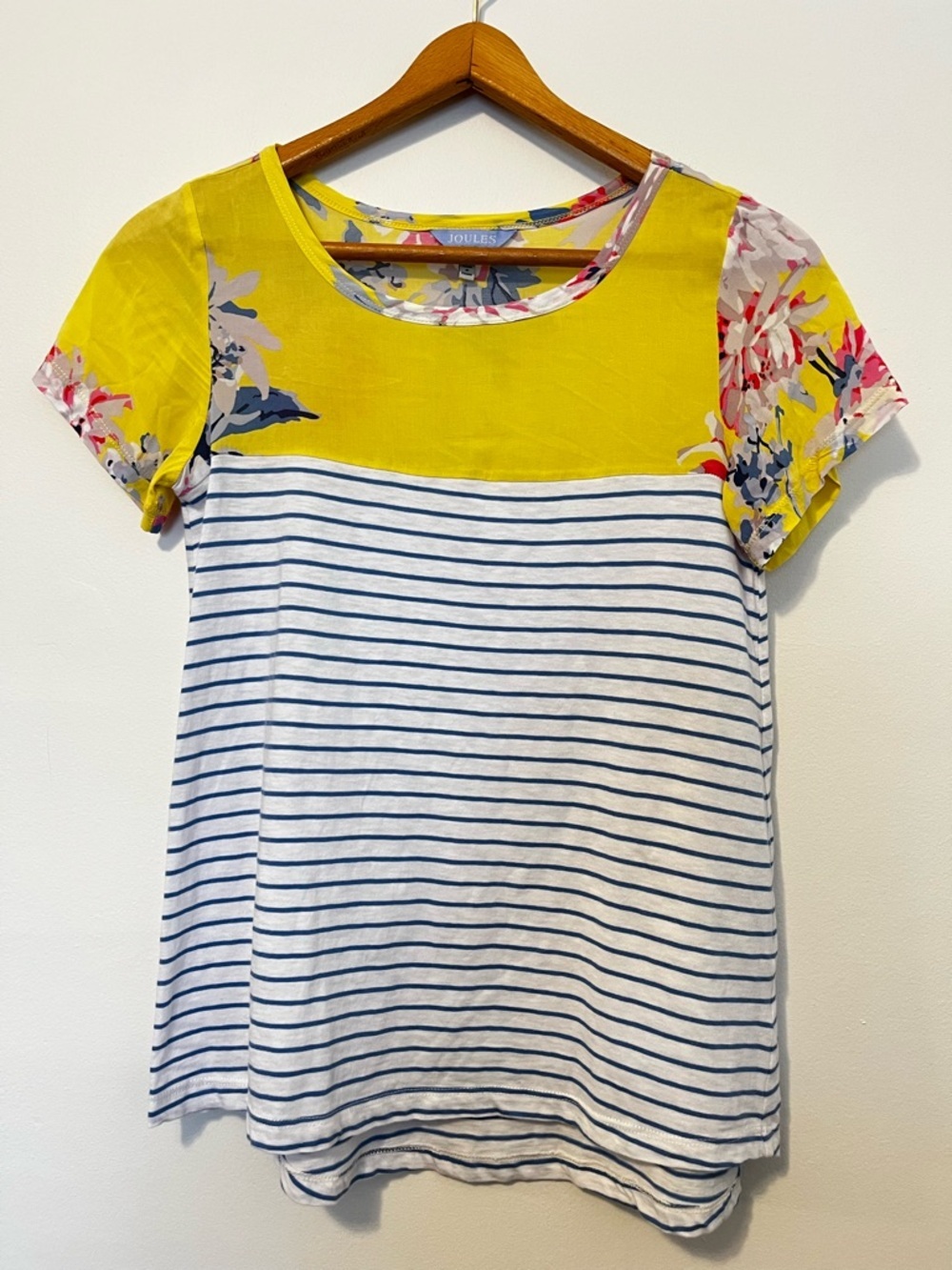 Joules Suzy Short Sleeve Blouse Yellow Floral Blue Stripe Viscose Cotton XS